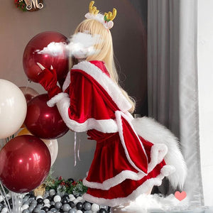kawaii christmas dress Kawaii Christmas Red Velvet Dress And White Bunny Ear Cape Red Velvet Dress (comes with cuffs) / XS