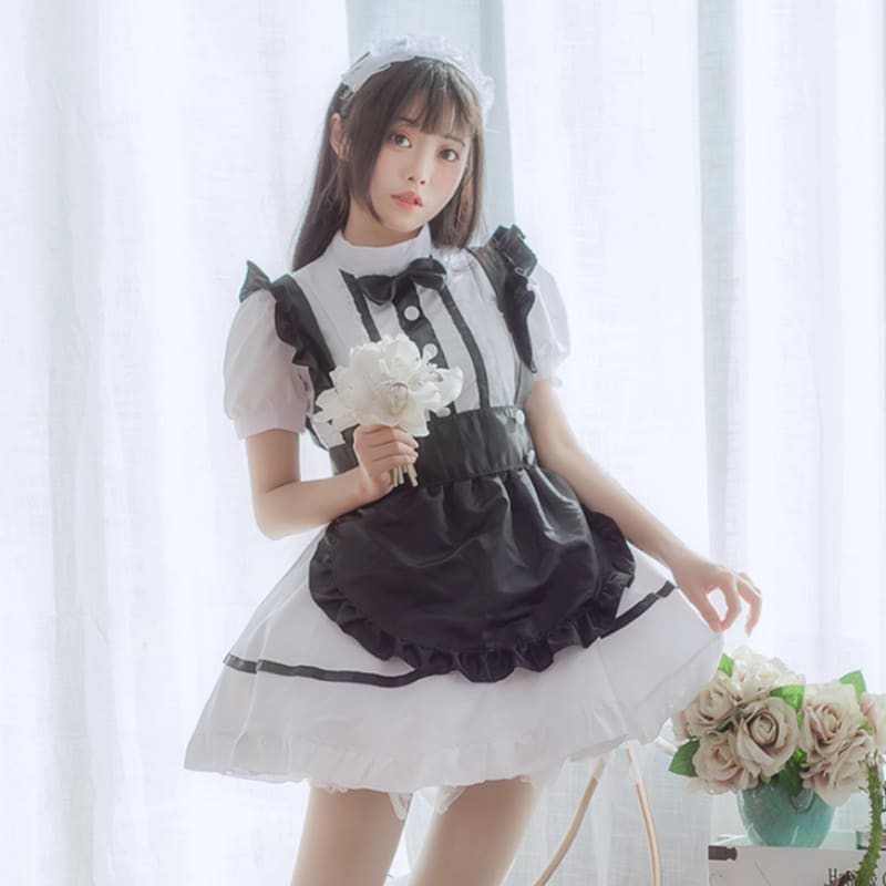 Kawaii Cosplay Lolita Maid Costume Dress Ruffle White Black