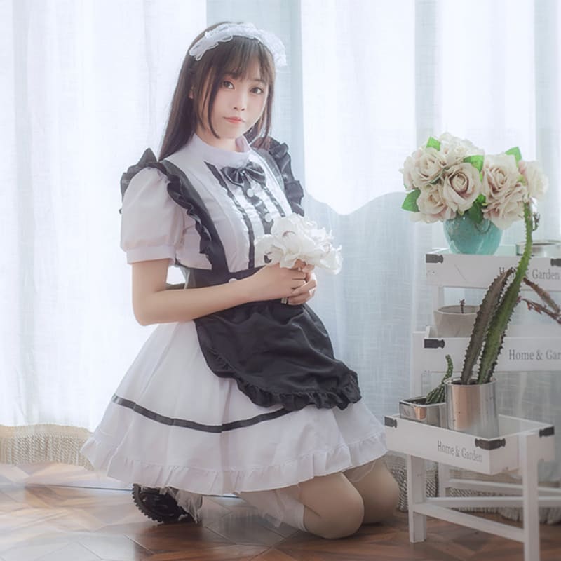 Kawaii Cosplay Lolita Maid Costume Dress Ruffle White Black