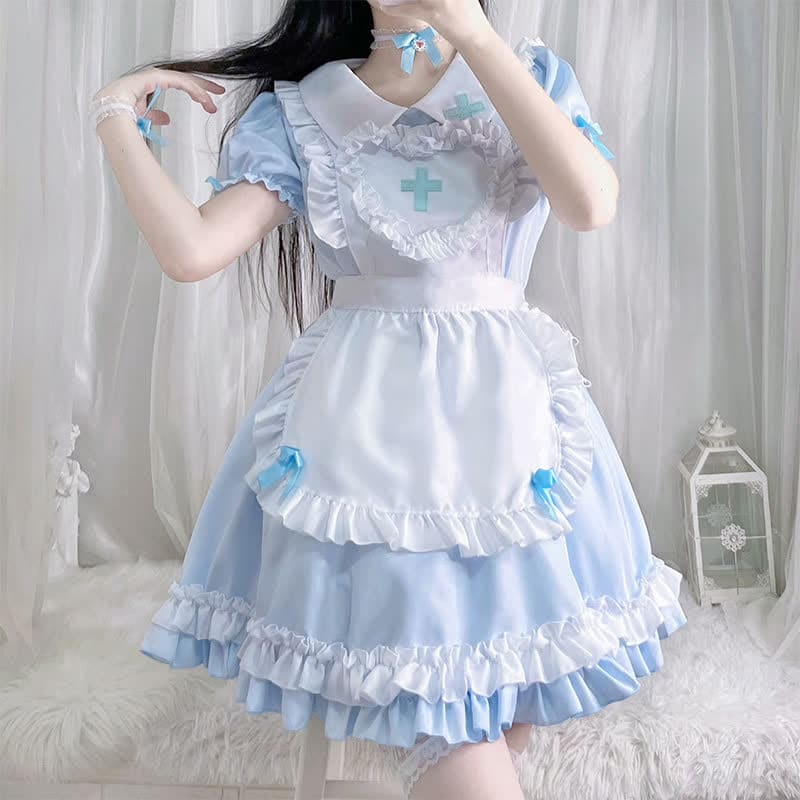 Kawaii Cross Print Ruffled Maid Lolita Dress Set