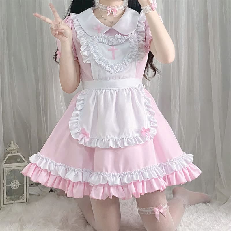 Kawaii Cross Print Ruffled Maid Lolita Dress Set