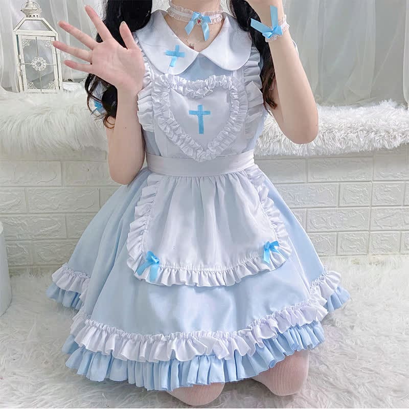 Kawaii Cross Print Ruffled Maid Lolita Dress Set