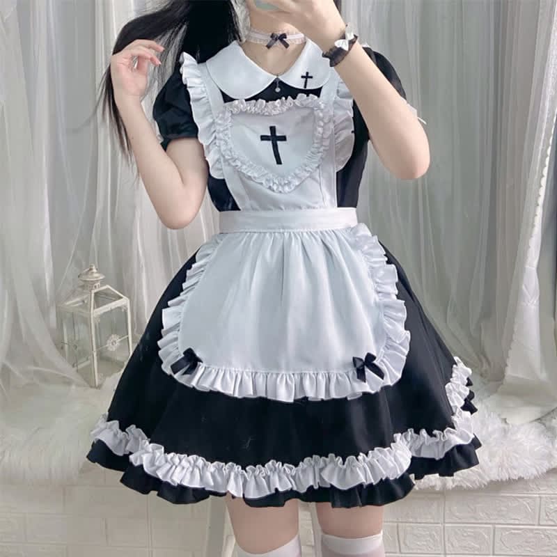 Kawaii Cross Print Ruffled Maid Lolita Dress Set