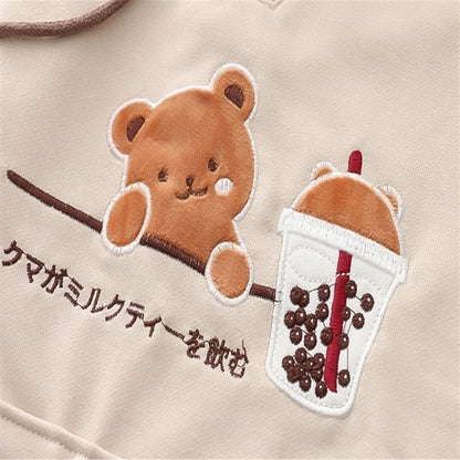 Kawaii Cute Bear Drink Boba Tea Sweatshirt Hoodie SUA04