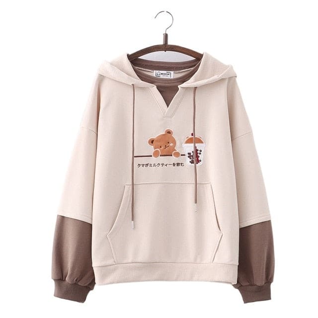 Kawaii Cute Bear Drink Boba Tea Sweatshirt Hoodie SUA04