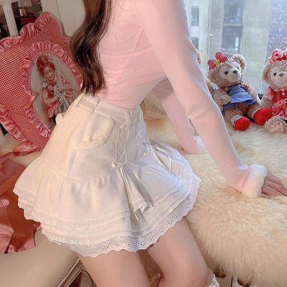 Kawaii Cute Fluffy Lace-up Knitted Cake Skirt MK16872