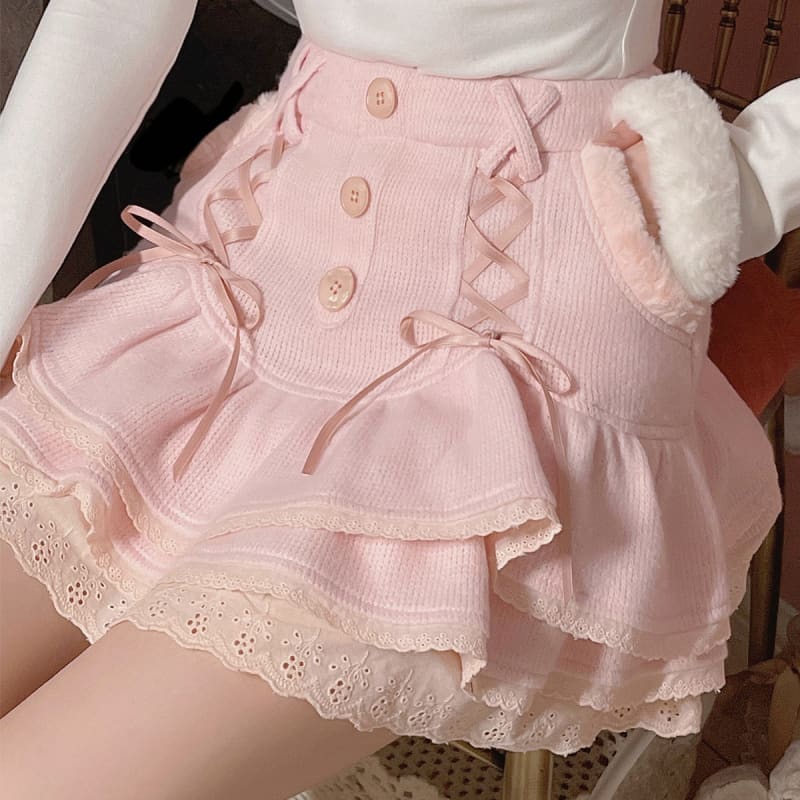 Kawaii Cute Fluffy Lace-up Knitted Cake Skirt MK16872