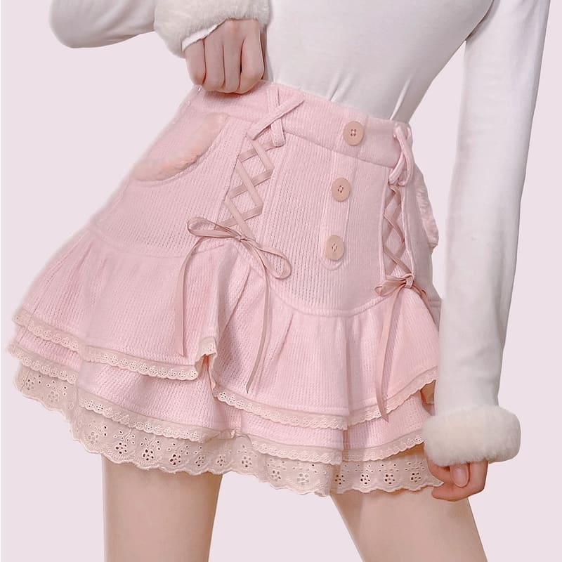 Kawaii Cute Fluffy Lace-up Knitted Cake Skirt MK16872