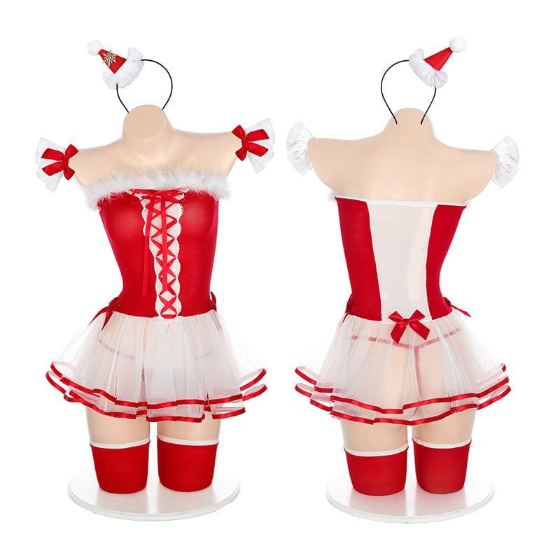 Kawaii Cute Fluffy Red Christmas Pleated Skirt Santa