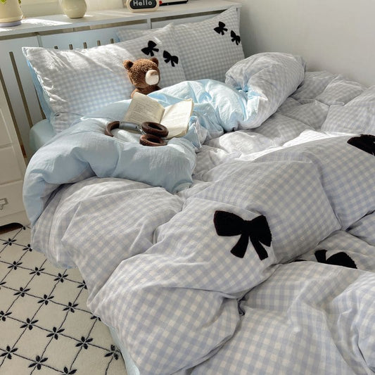 Kawaii Embroidered Bow Bedding Set - Blue-black bow / 1.5m