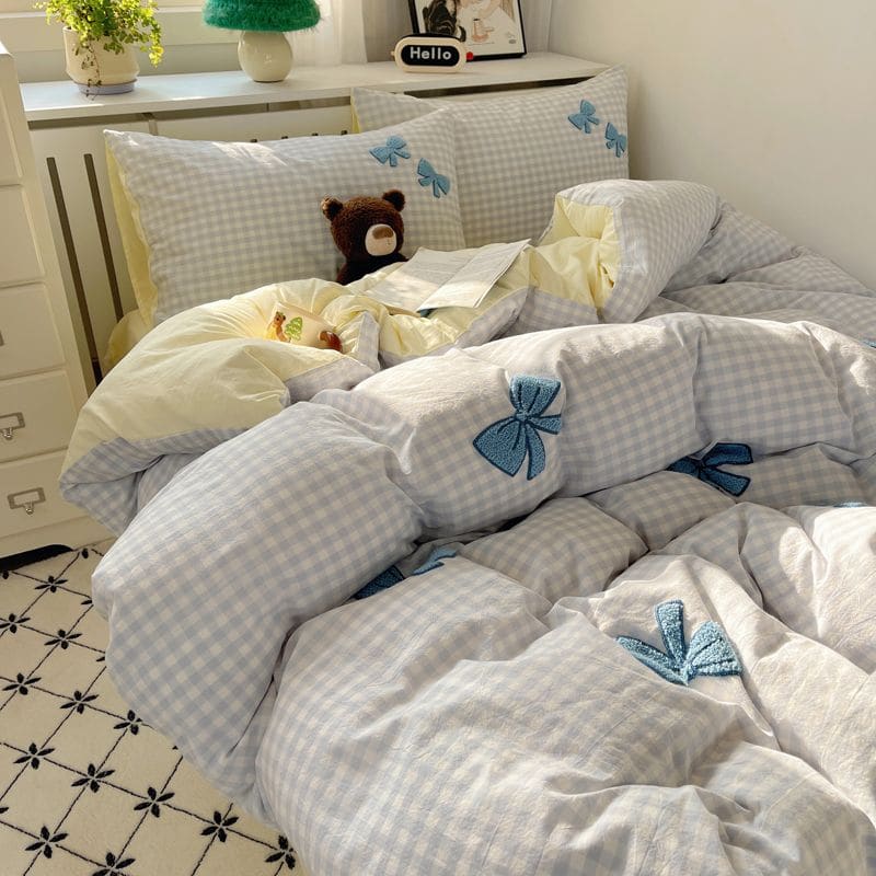 Kawaii Embroidered Bow Bedding Set - Blue-blue bow / 1.5m