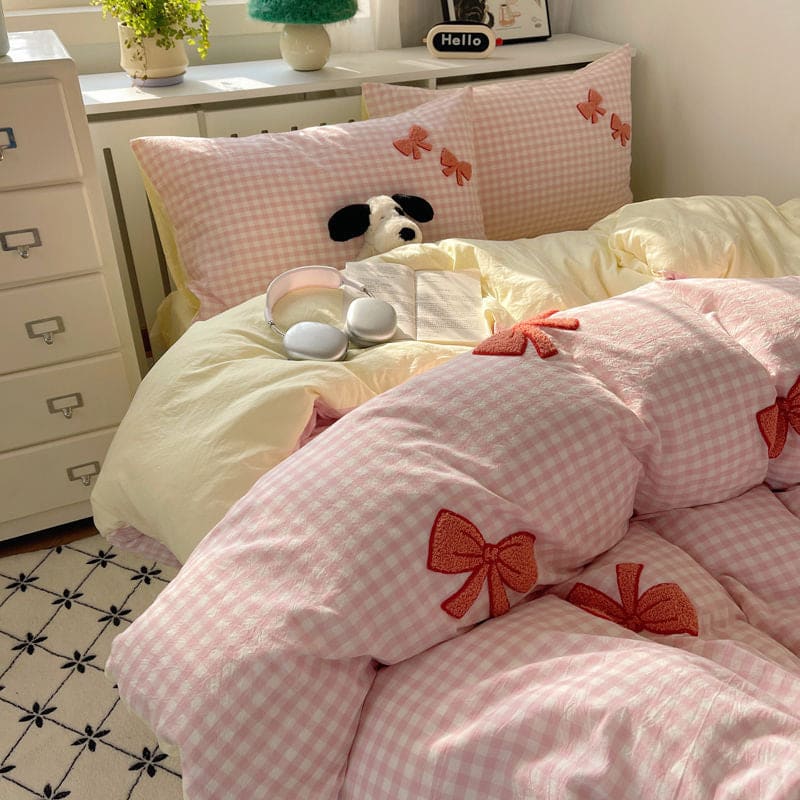 Kawaii Embroidered Bow Bedding Set - Pink-pink bow / 1.5m