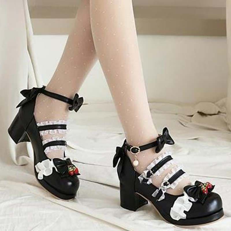 Kawaii Lace Bow Lolita Kitten Heel Mary Janes Shoes