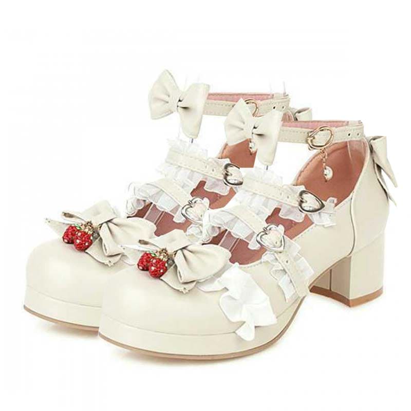 Kawaii Lace Bow Lolita Kitten Heel Mary Janes Shoes - Beige