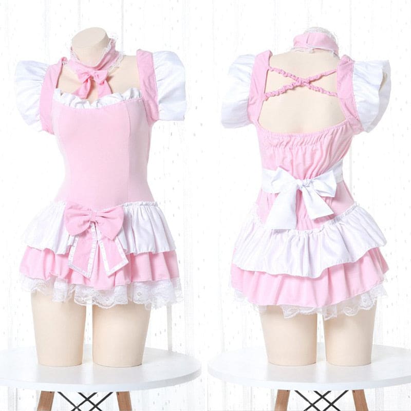 Kawaii Lolita Bow Knot Lace Hem Dress - Pink / One Size