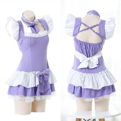 Kawaii Lolita Bow Knot Lace Hem Dress - Purple / One Size