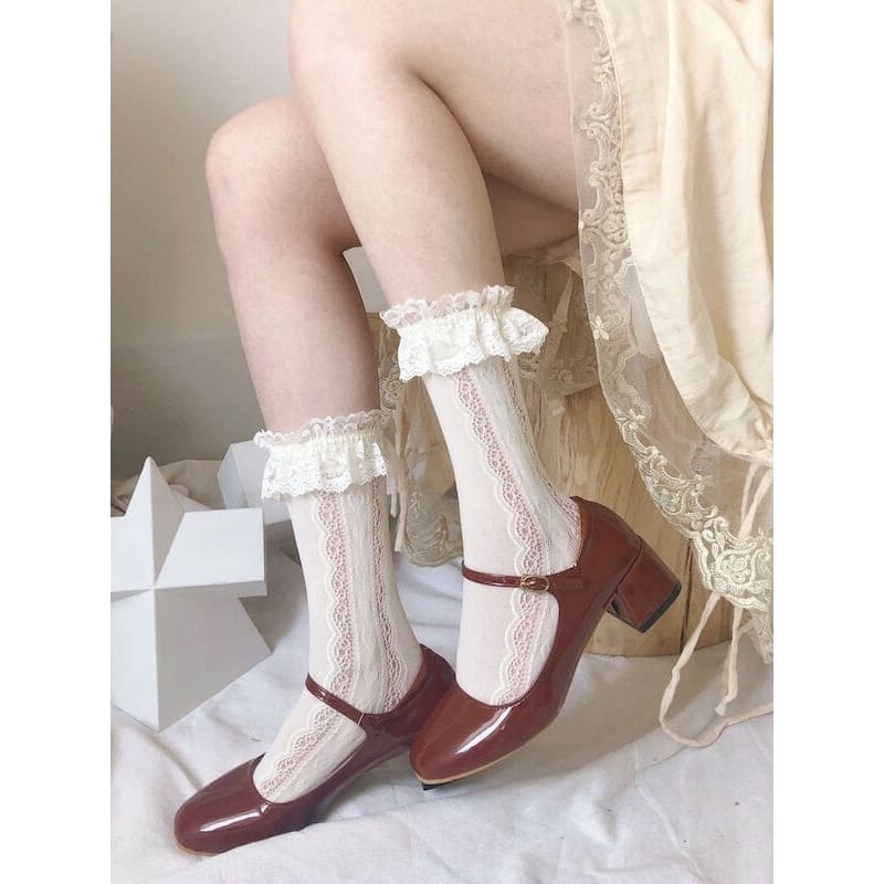 Kawaii Lolita Hearts Socks - Milkwhite - Stockings