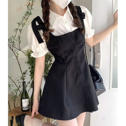 Kawaii Puff Sleeve T-Shirt Lace Up Dress Set