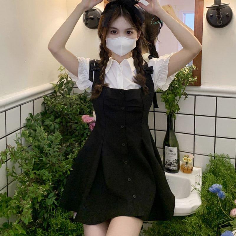 Kawaii Puff Sleeve T-Shirt Lace Up Dress Set