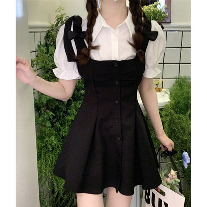 Kawaii Puff Sleeve T-Shirt Lace Up Dress Set