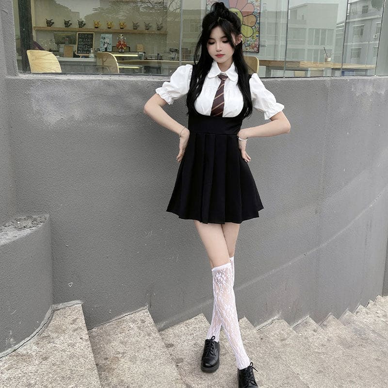 Kawaii Puff Sleeve T-Shirt Tie Pleated Suspender Skirt Set