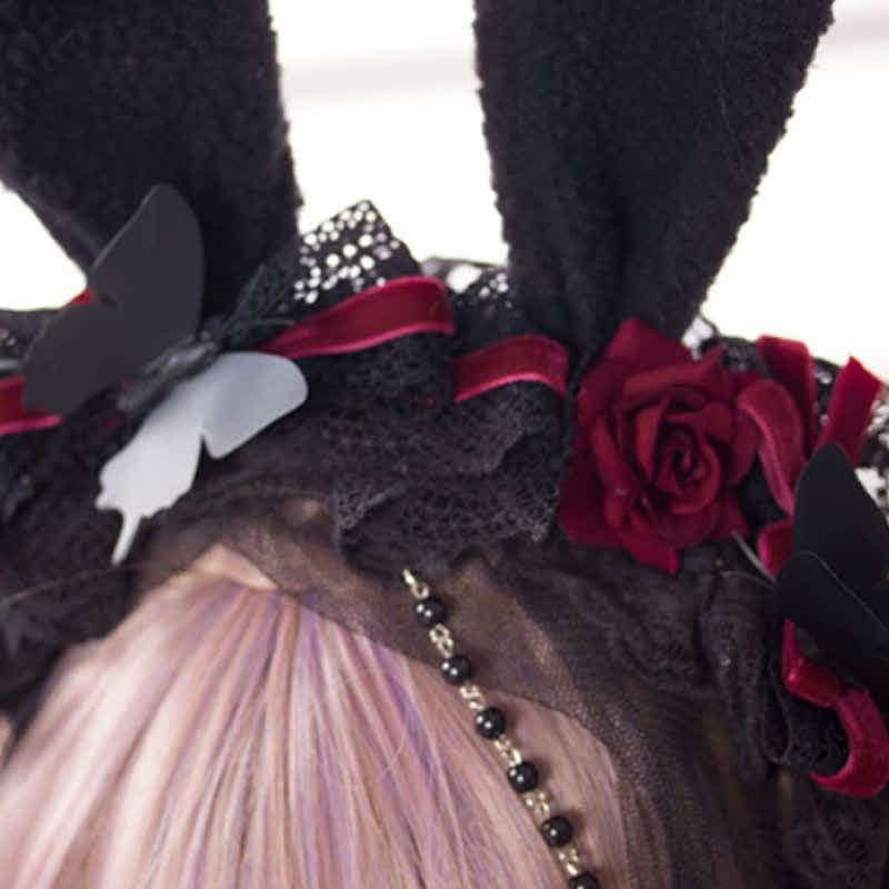 Kawaii Rabbit Ears Rose Lace Hair Hoop Headband - Black