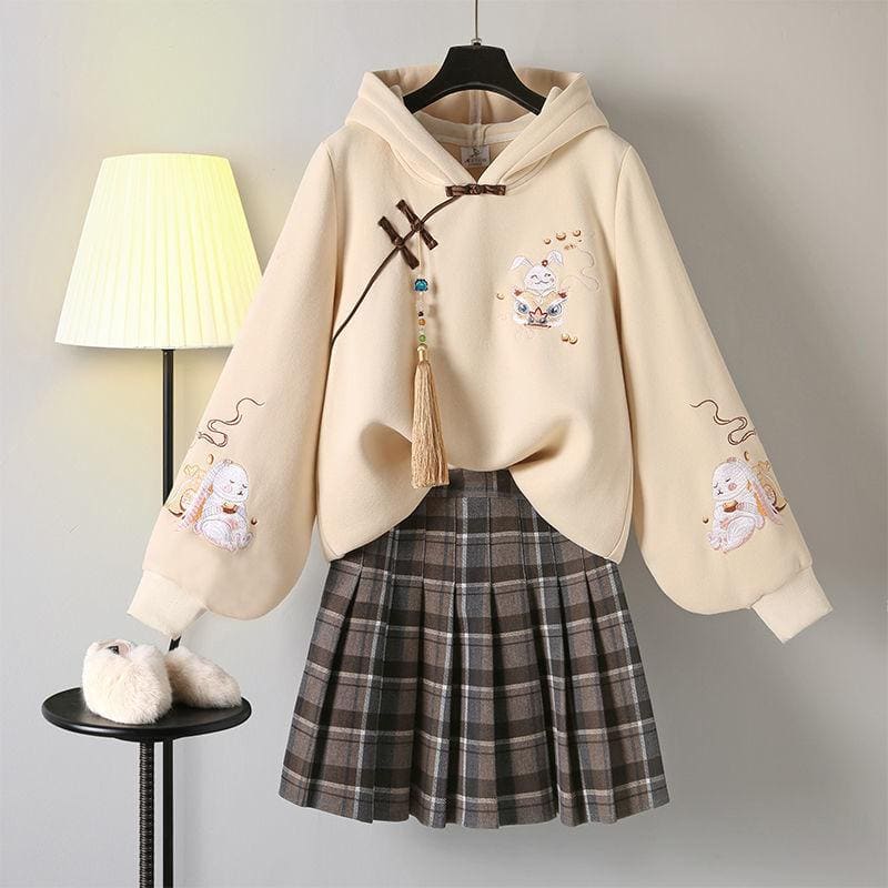 Kawaii Rbbit Embroidery Hoodie Sweatshirt Skirt Two Piece