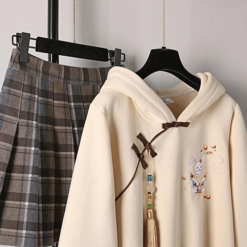 Kawaii Rbbit Embroidery Hoodie Sweatshirt Skirt Two Piece