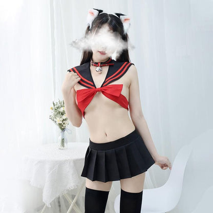 Kawaii Red Bowtie Sailor School Girl Uniform Lingerie Set