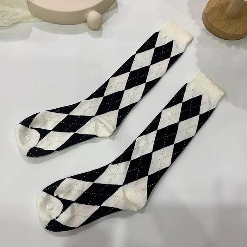 Kawaii Rhombus Pattern Print Socks - White / One Size