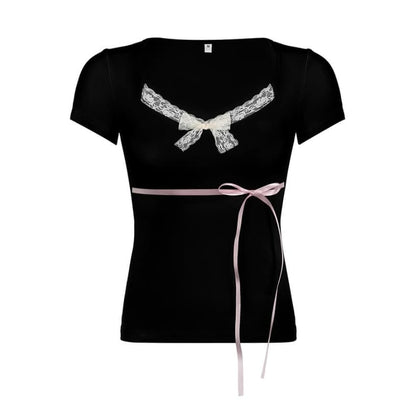 Kawaii Ribbon Bow Top - Black / S - short sleeve tops