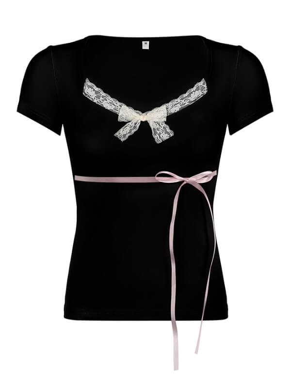 Kawaii Ribbon Bow Top - Black / S - short sleeve tops