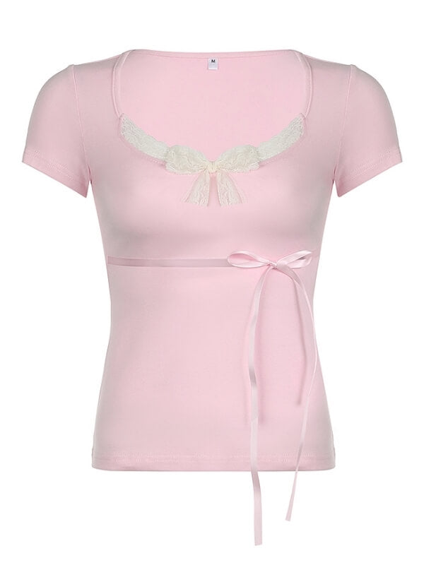 Kawaii Ribbon Bow Top - Pink / S - short sleeve tops