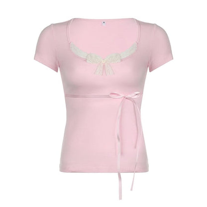 Kawaii Ribbon Bow Top - Pink / S - short sleeve tops