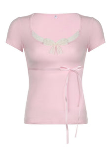 Kawaii Ribbon Bow Top - Pink / S - short sleeve tops