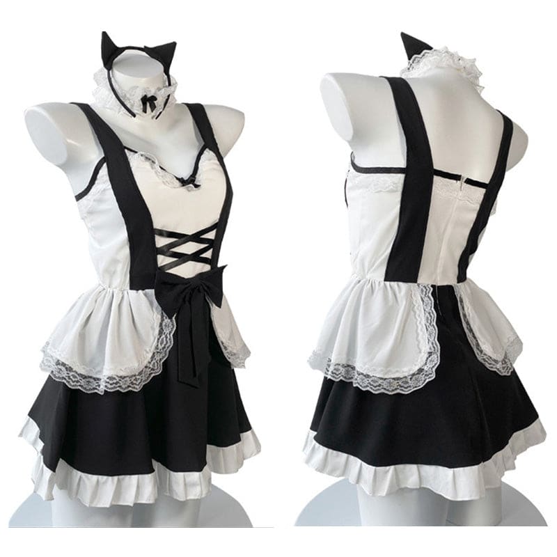 Kawaii Ruffle Maid Lingerie Dress Stockings Set - Black