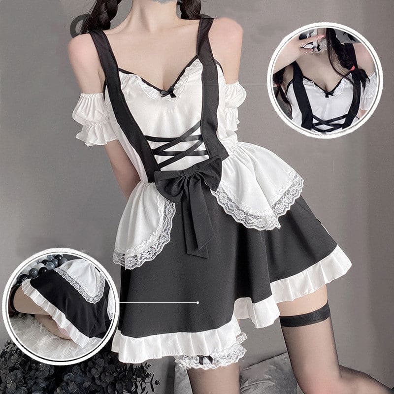 Kawaii Ruffle Maid Lingerie Dress Stockings Set - Black