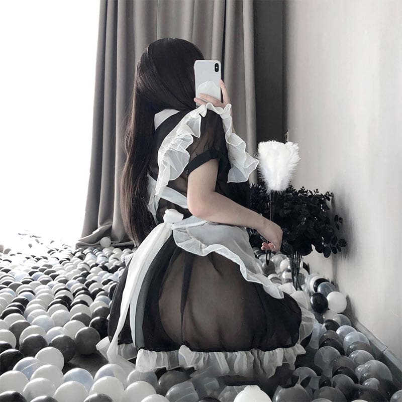 Kawaii Sexy Maid Apron Stockings Lingerie Dress - Black