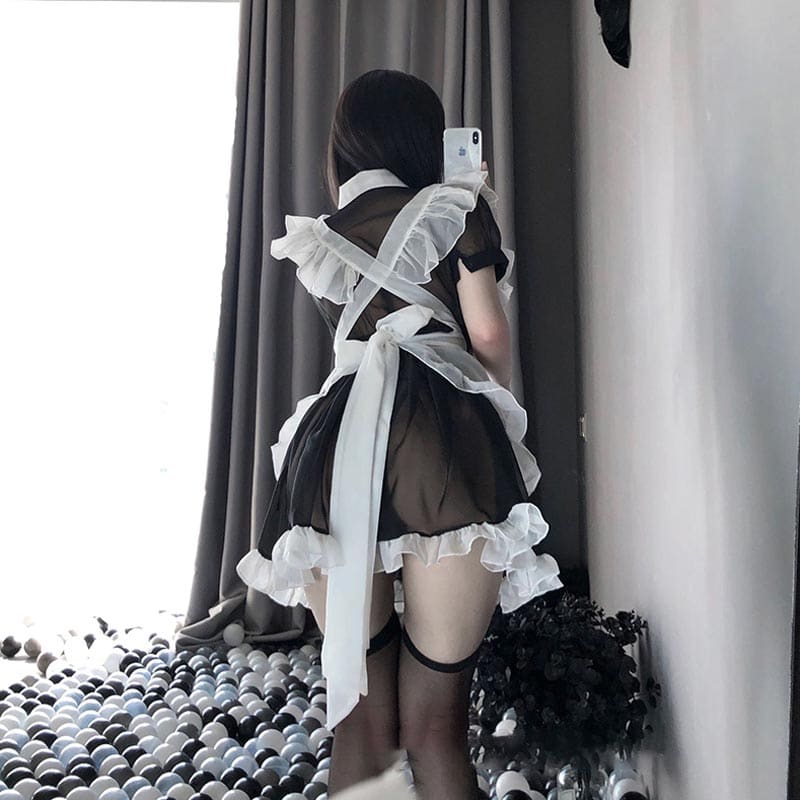 Kawaii Sexy Maid Apron Stockings Lingerie Dress - Black