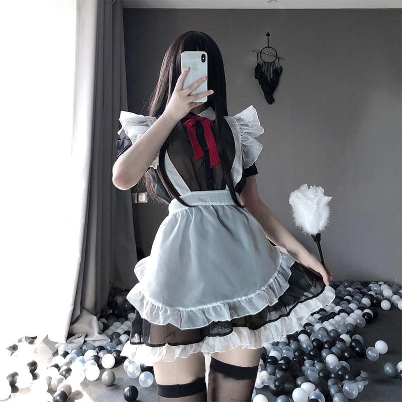 Kawaii Sexy Maid Apron Stockings Lingerie Dress - Black