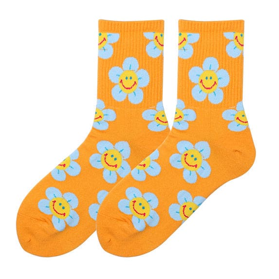 Kawaii Smile Face Flowers Socks - Socks