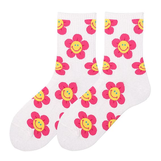 Kawaii Smile Face Flowers Socks - Socks