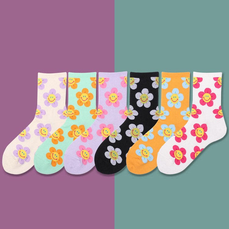 Kawaii Smile Face Flowers Socks - Socks