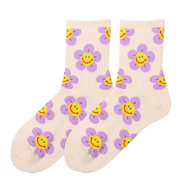 Kawaii Smile Face Flowers Socks - Socks