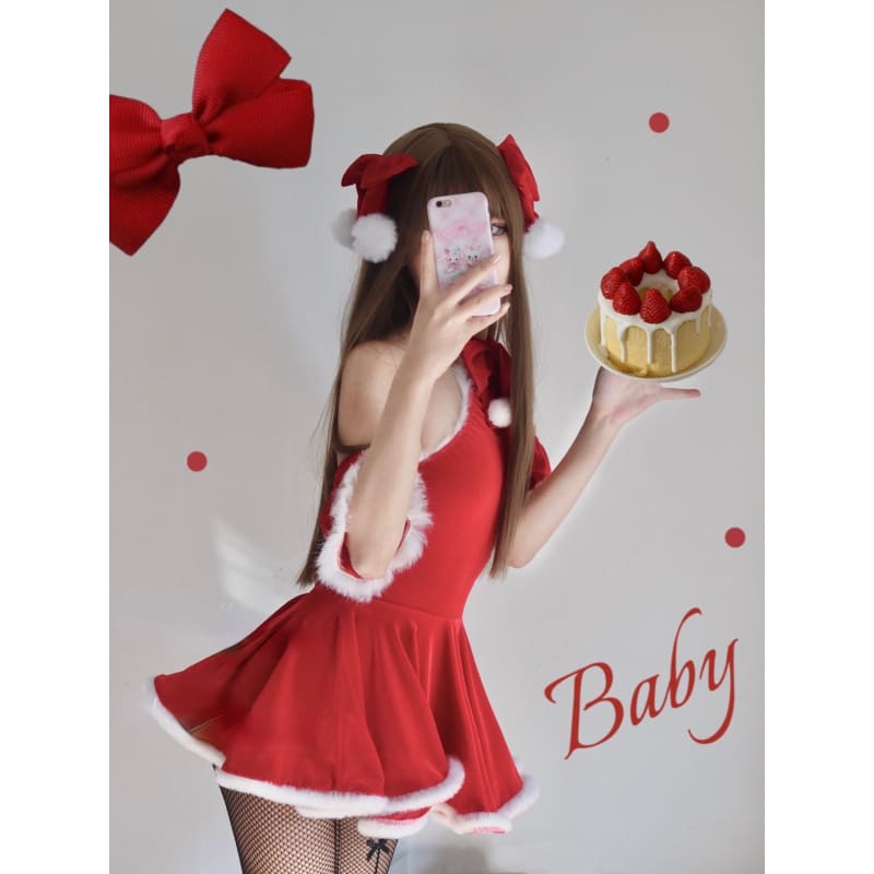 Kawaii Snowballs Christmas Halter Bow Santa Dress MK16796