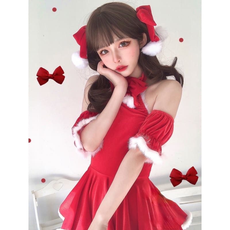 Kawaii Snowballs Christmas Halter Bow Santa Dress MK16796