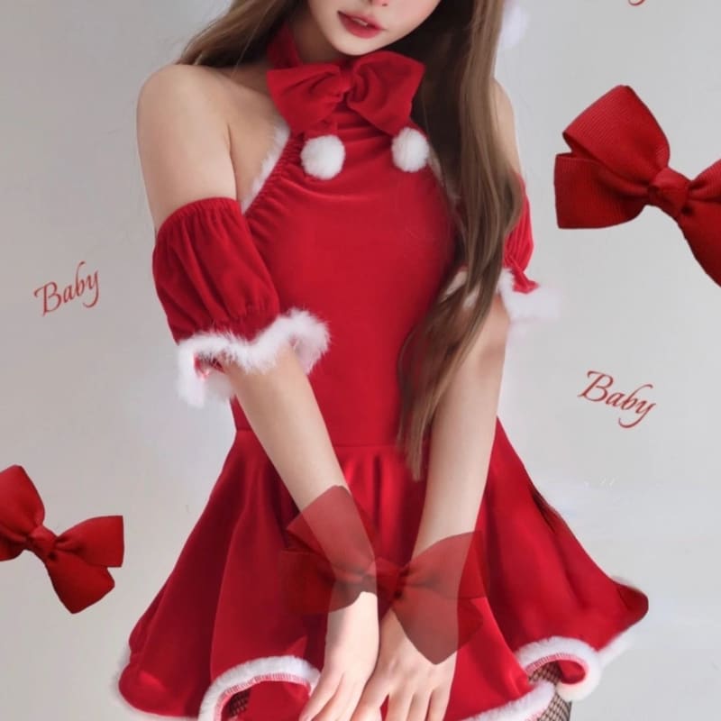 Kawaii Snowballs Christmas Halter Bow Santa Dress MK16796