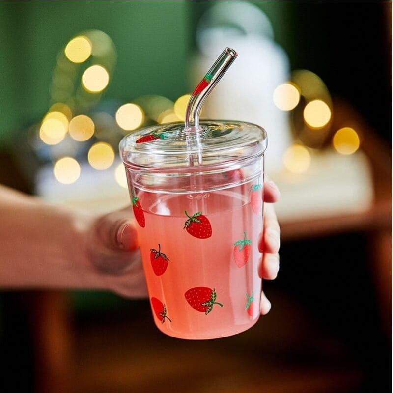 Kawaii Strawberry Glass Water Cup With Straw With Lid MM1846