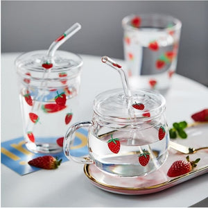 Kawaii Strawberry Glass Water Cup With Straw With Lid MM1846