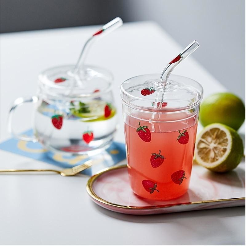 Kawaii Strawberry Glass Water Cup With Straw With Lid MM1846